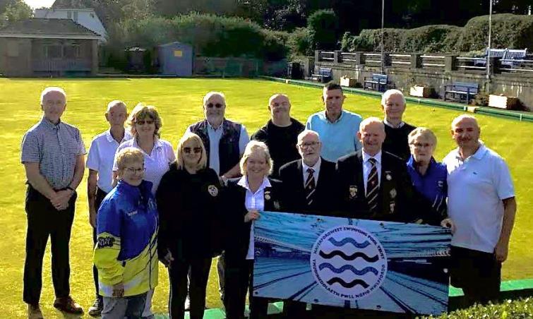 Trustees present with Haverfordwest Bowls Club Chairman (Lance Murphy) alongside Club Captains (Keith and Julie Thorpe) in the centre. Also included are Jonathan Twigg, Tim Evans, Bob Simister, Gelly James, Tom Tudor and Michael John